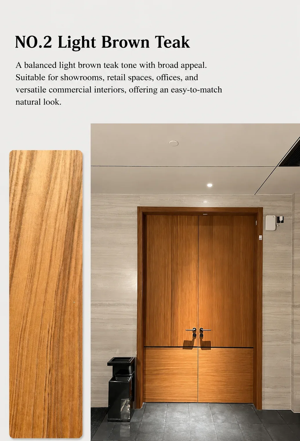 Light brown teak wood veneer sample and wood door application