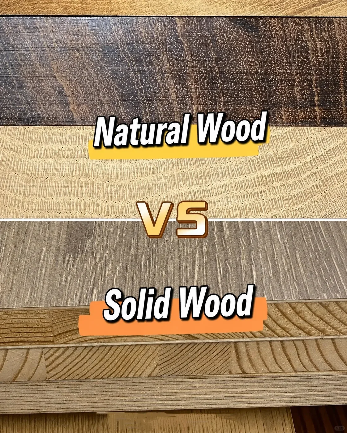 Natural wood surface compared with solid wood construction
