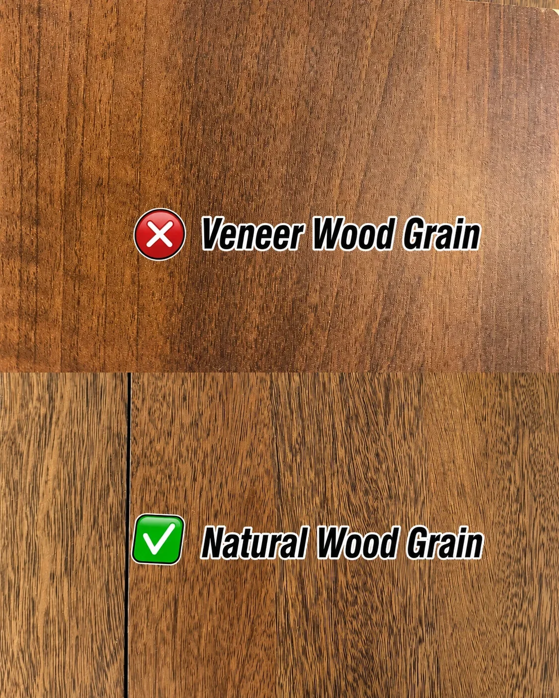 Veneer wood grain compared with natural wood grain