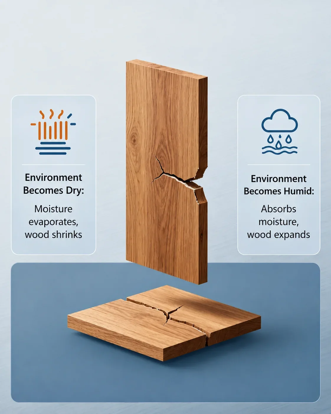 Diagram showing wood shrinking in dry conditions and expanding in humid conditions