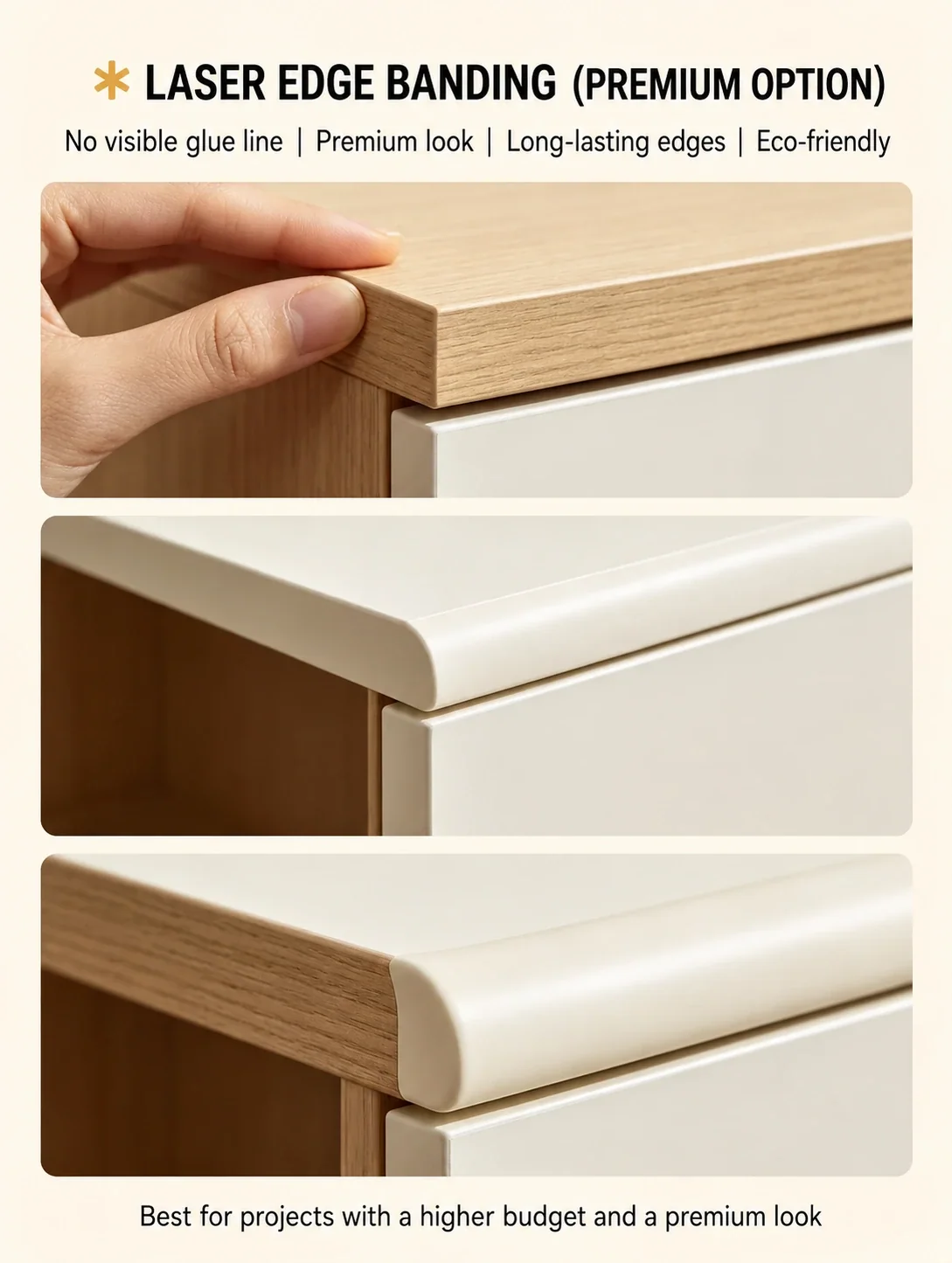 Laser edge banding examples showing seamless premium cabinet panel edges