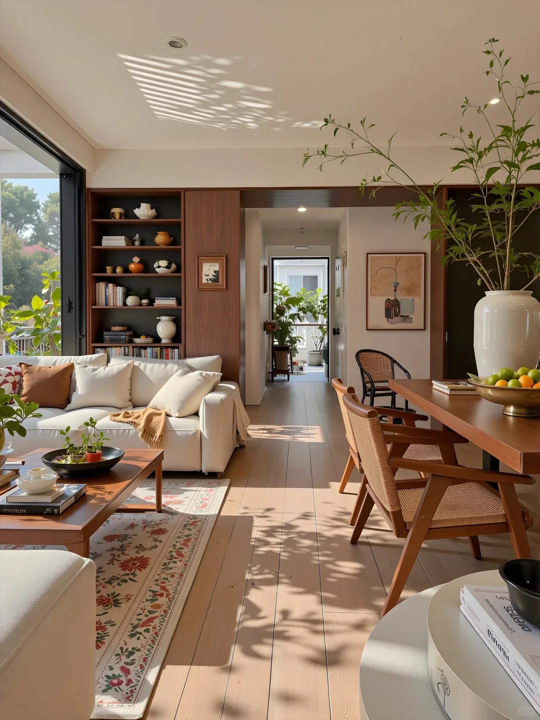 Whole-home living and dining space with coordinated warm wood furniture and built-in storage