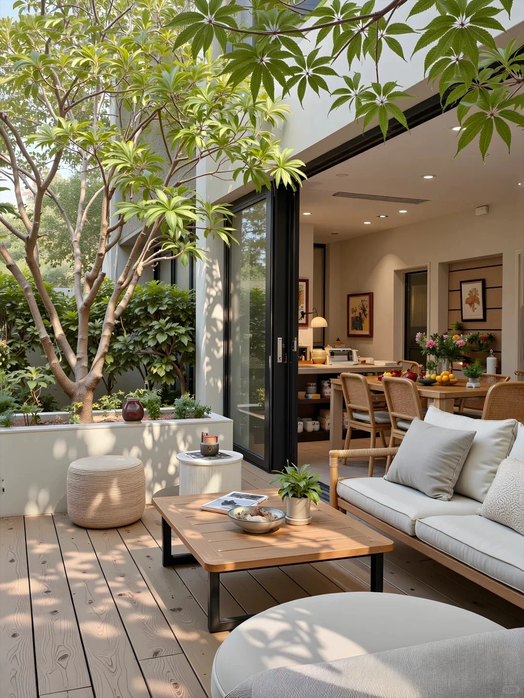 Indoor-outdoor living space with coordinated wood furniture and cabinetry