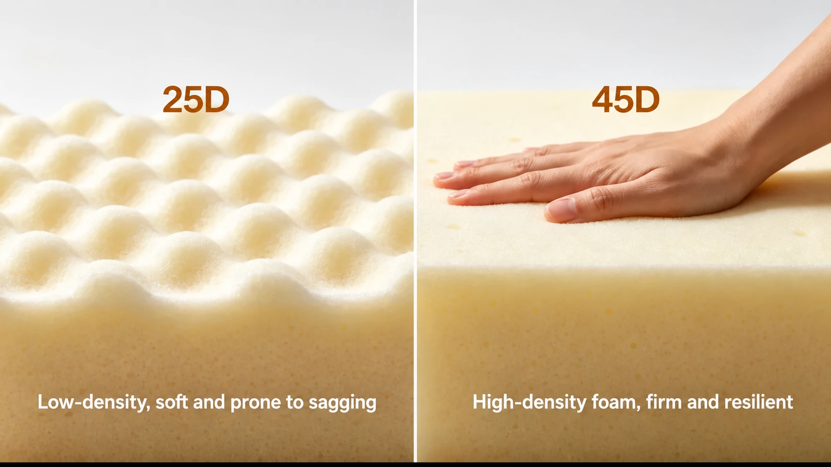 Close comparison of 25D and 45D foam under hand pressure