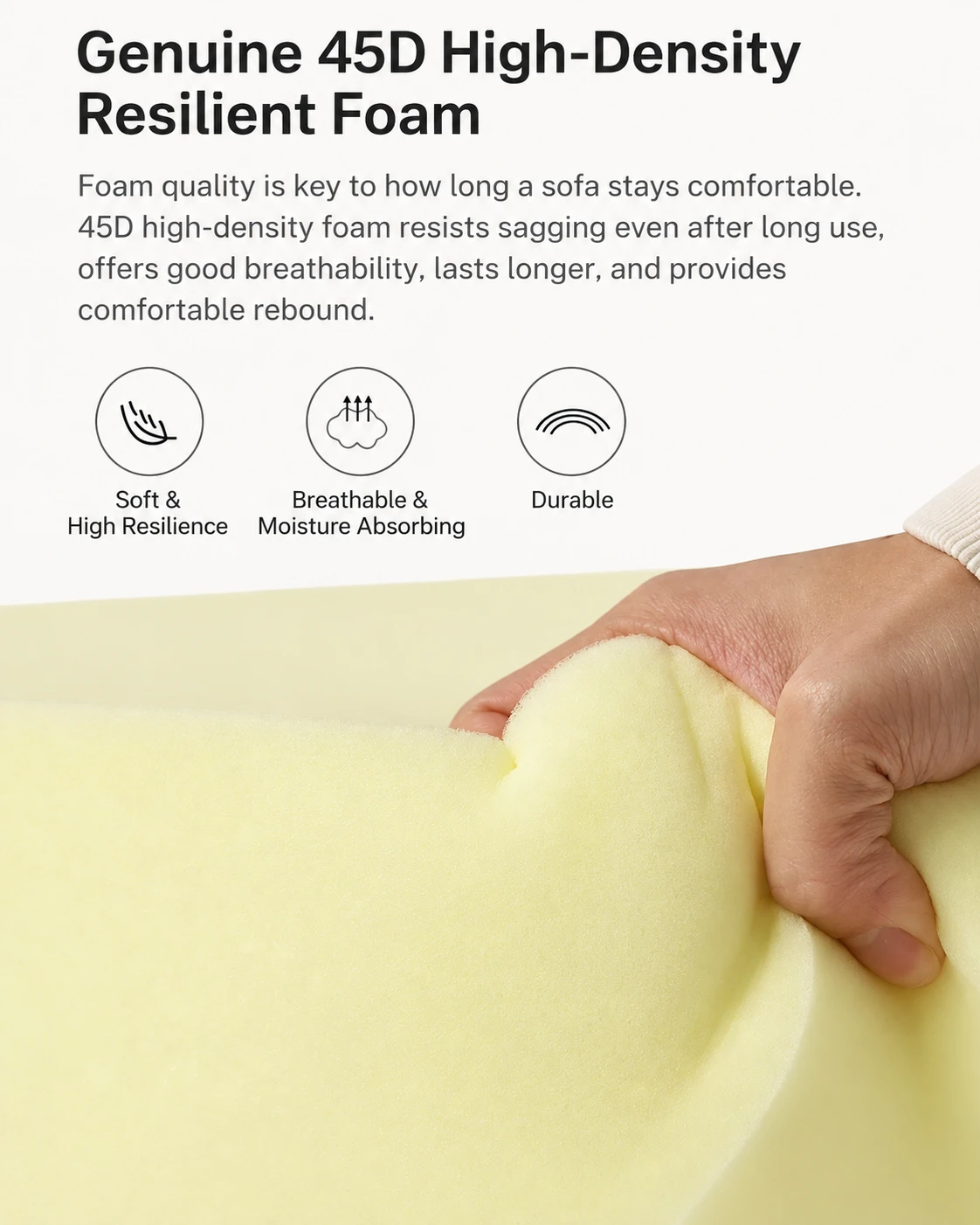High-resilience 45D foam being compressed by hand