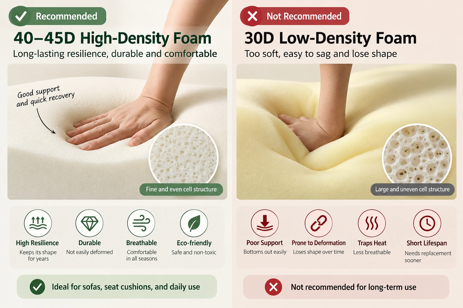 Recommended density range comparison for seat and back cushion applications