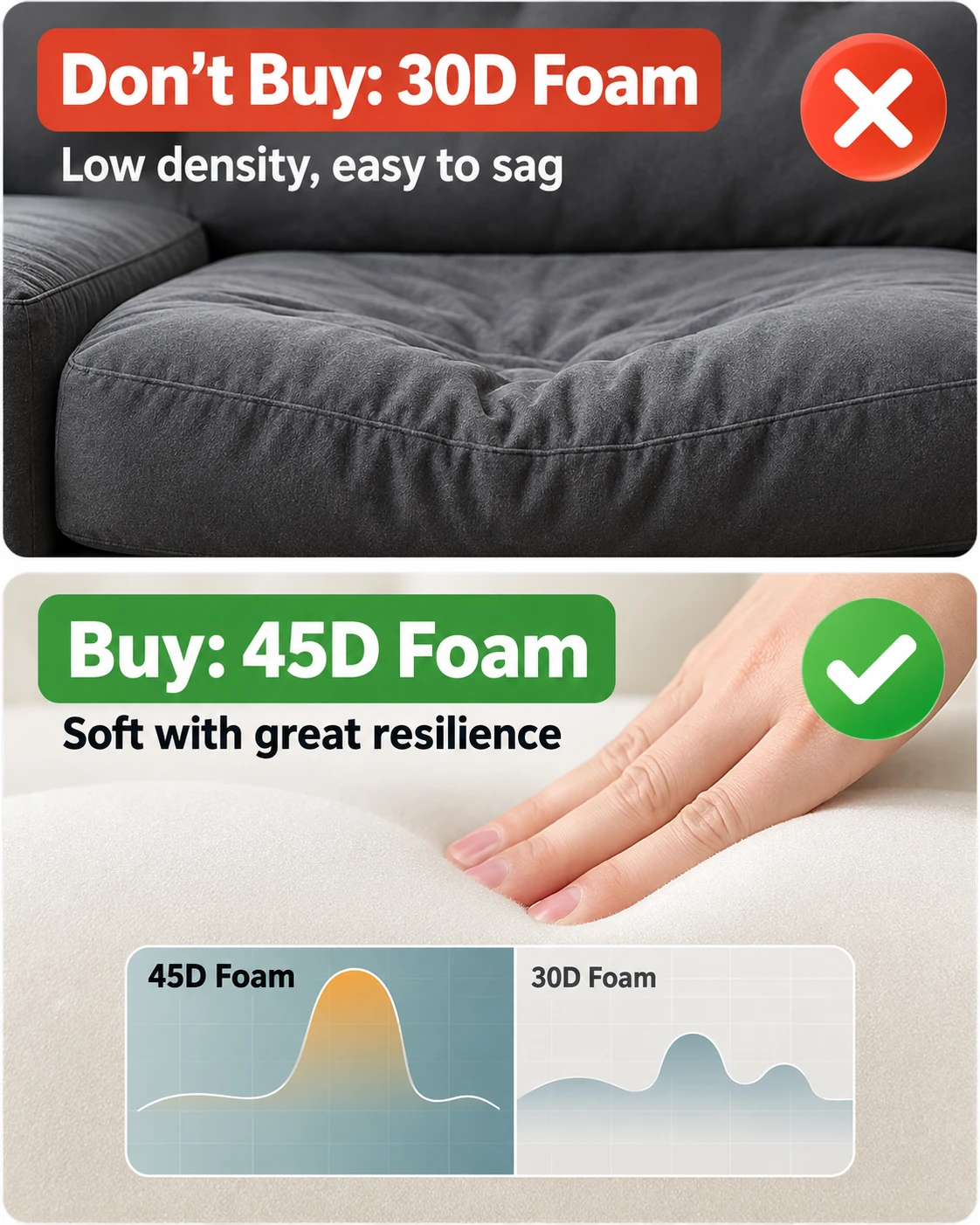 Foam density recommendation graphic comparing higher-density and lower-density cushions