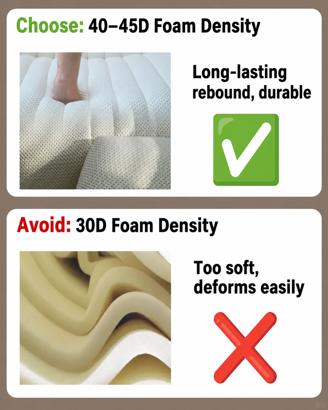 Simplified supplier comparison recommending 40 to 45D foam over 30D
