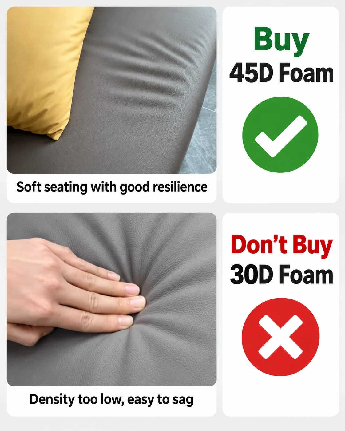 Supplier graphic comparing 45D and 30D foam for sofa seating