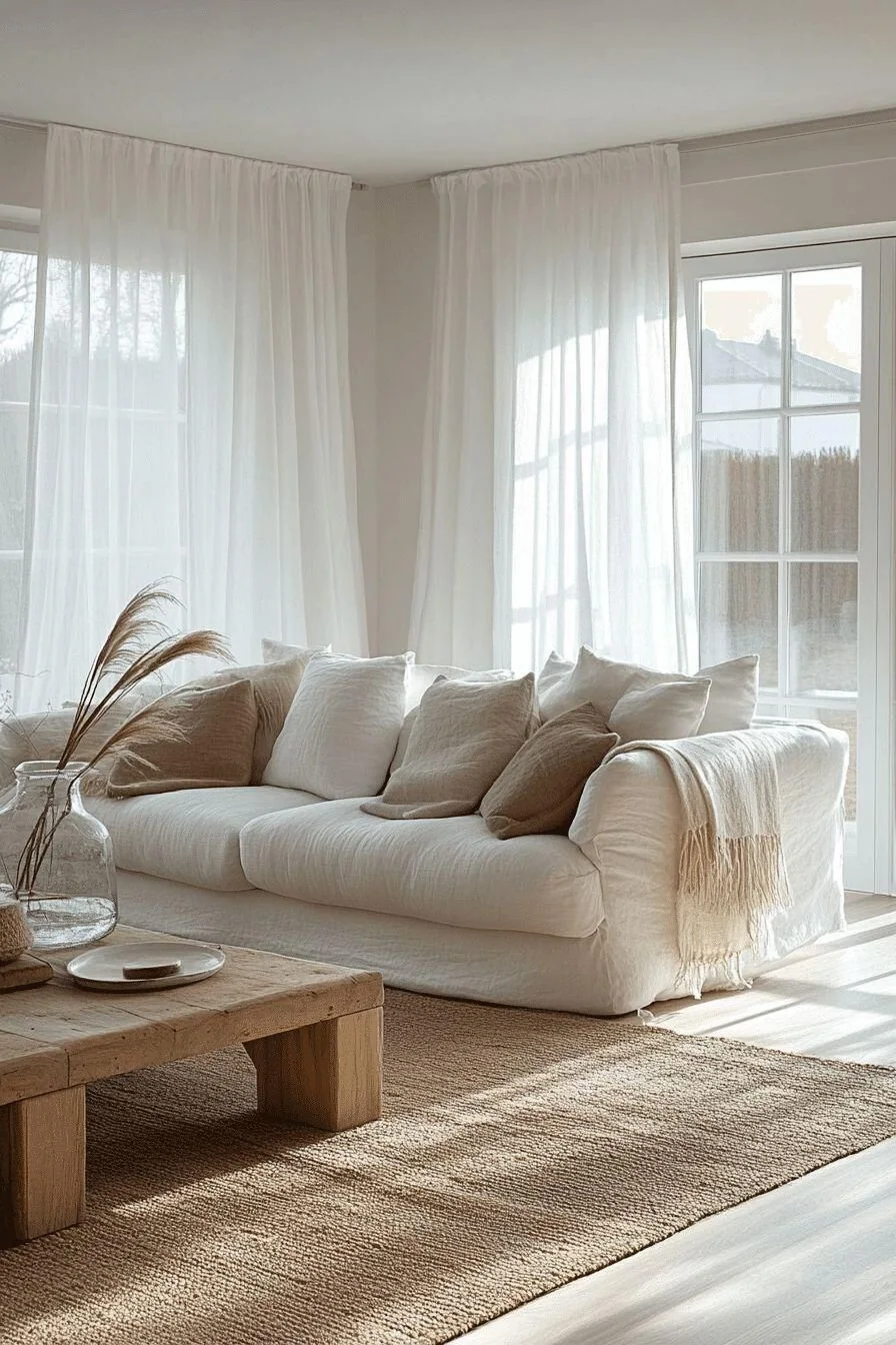 Neutral linen-upholstered sofa in a softly lit living room