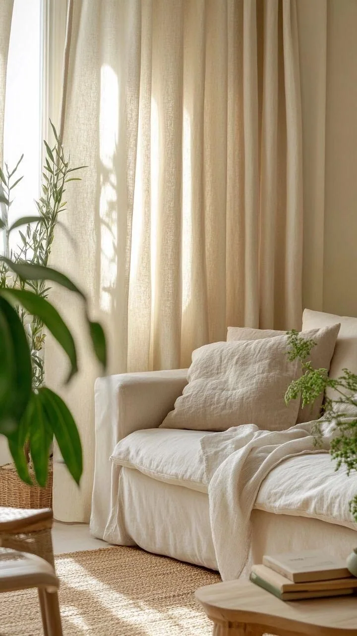 Natural linen-upholstered sofa and curtains in warm daylight