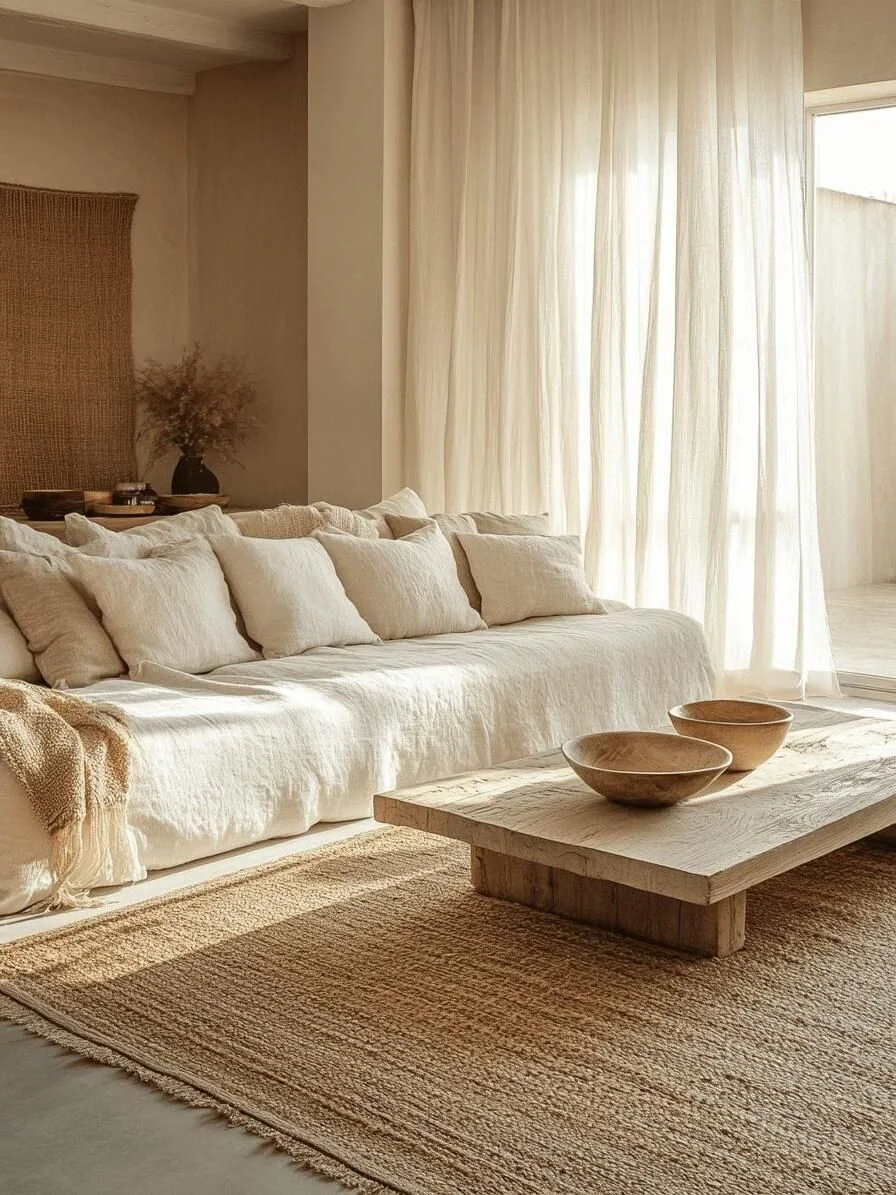 Relaxed neutral linen sofa in a natural interior