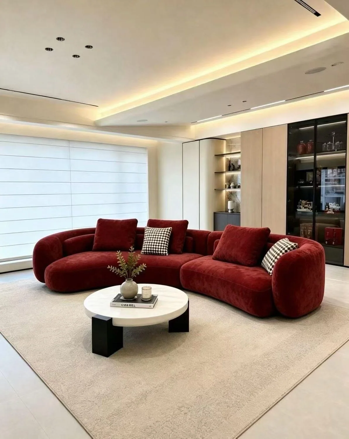 Curved deep red velvet sofa in a modern room