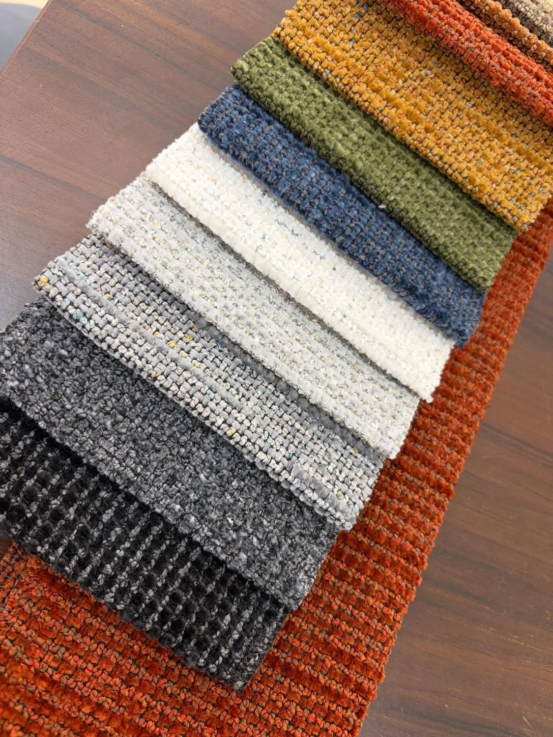Chenille upholstery swatches in neutral and earthy colors