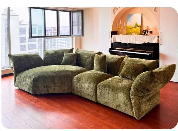 Olive chenille sofa in a residential interior