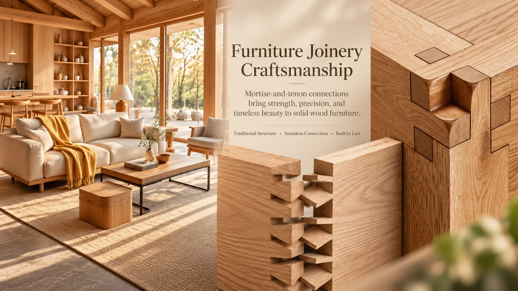 Furniture joinery craftsmanship banner showing a finished interior, mortise-and-tenon joinery and precision wood connections