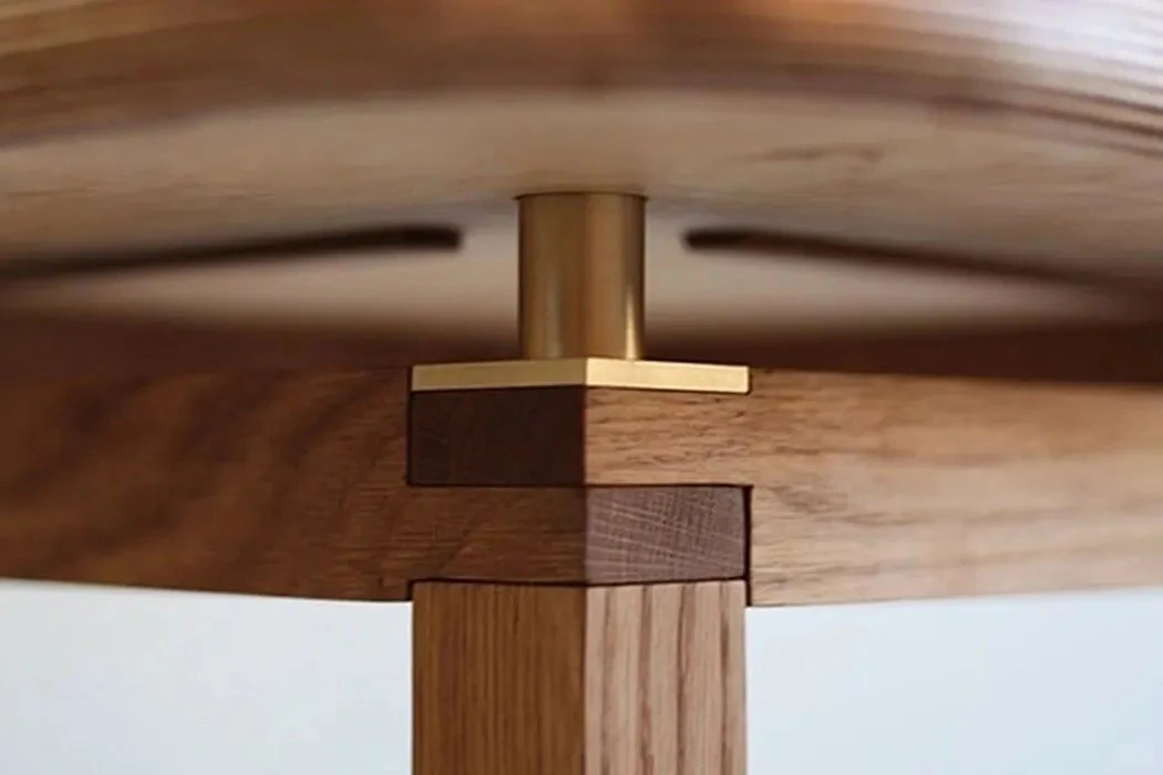 Table rail and leg joint viewed from below