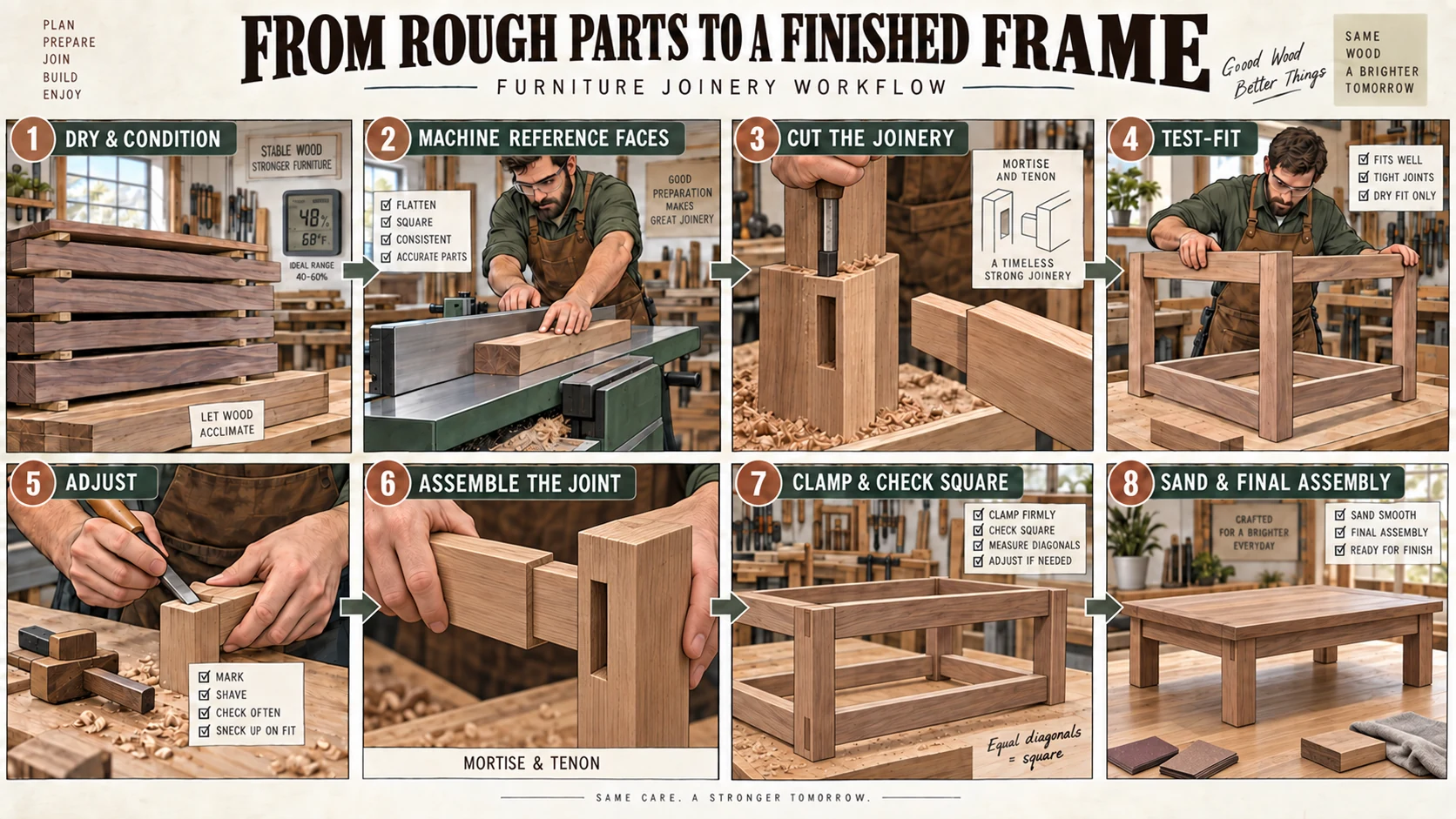 Furniture joinery workflow from dry and conditioned wood through machining, cutting joints, test fitting, adjustment, assembly, clamping, sanding and final coffee table assembly