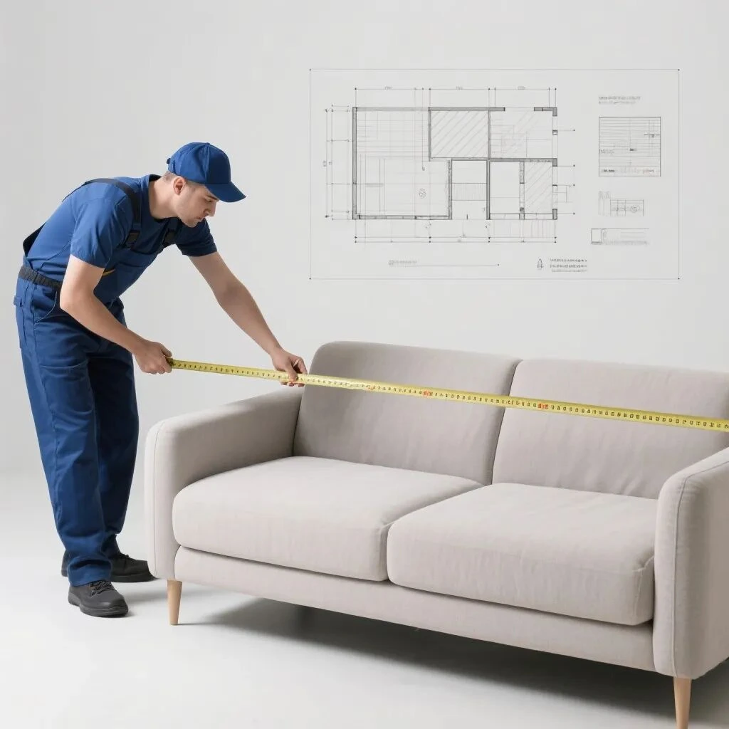 Inspector measuring sofa against approved drawing