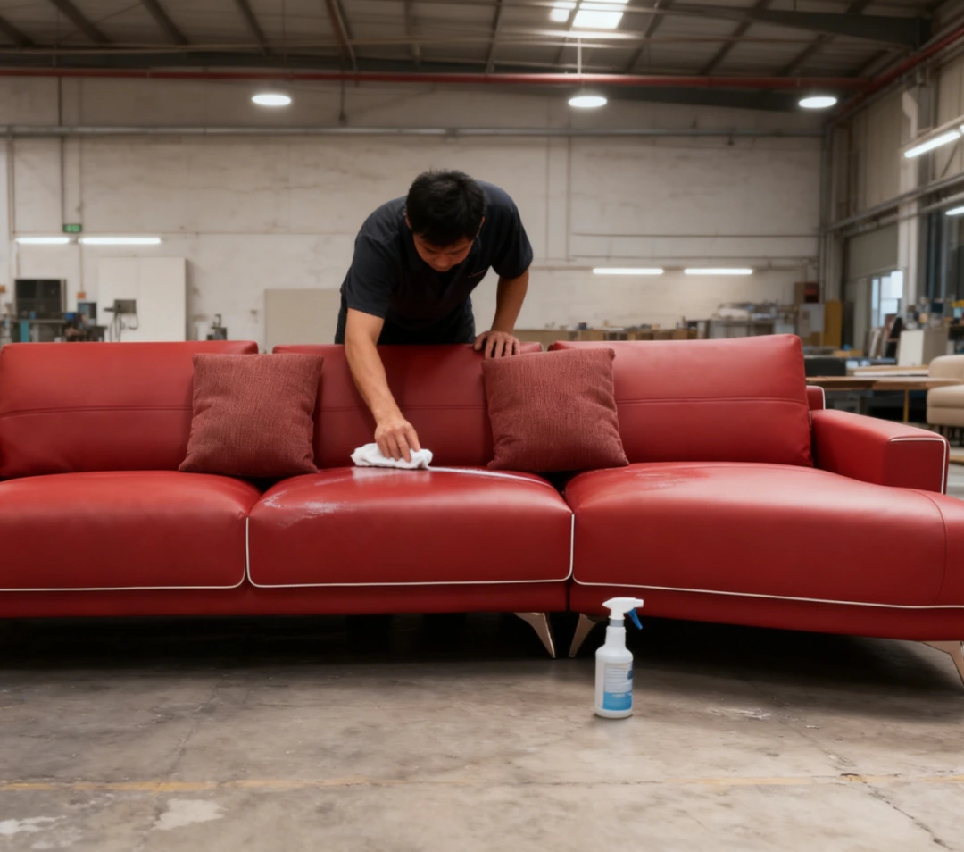 Inspector measuring red sofa alignment