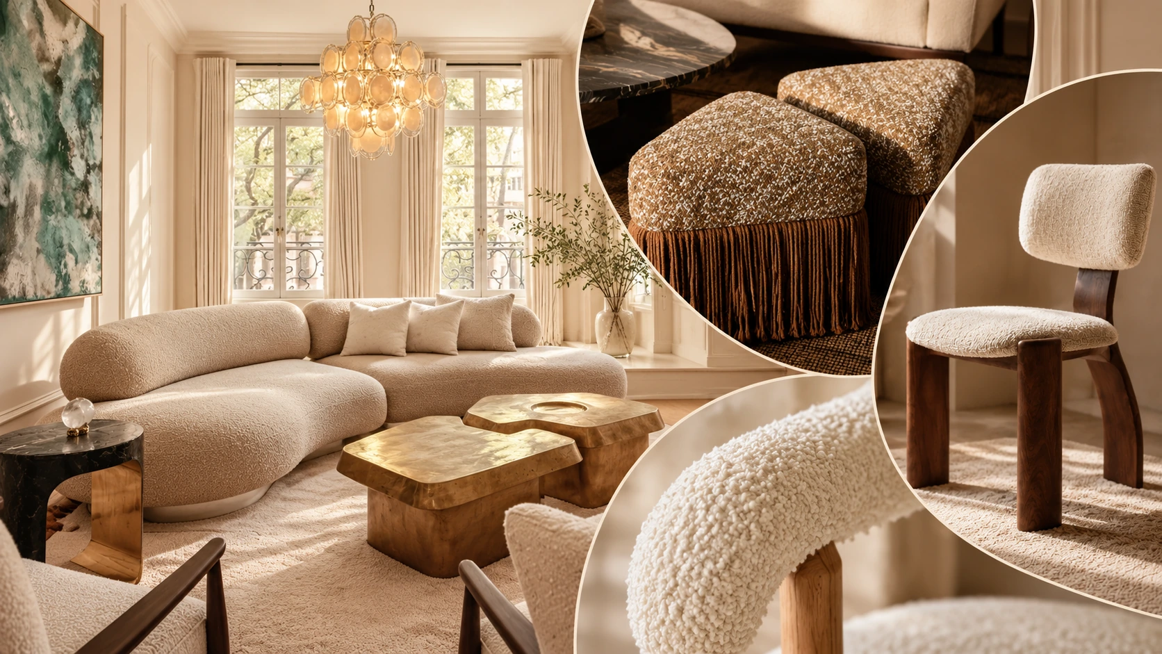 Upholstered sofa, ottoman and chair examples highlighting upholstery texture and furniture craftsmanship