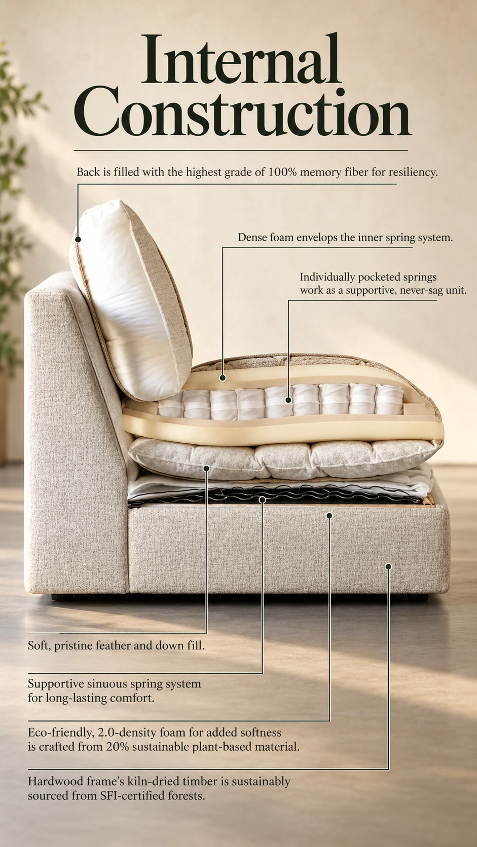 9. Internal construction: review frame, support, cushioning and cover as one system rather than separate parts.