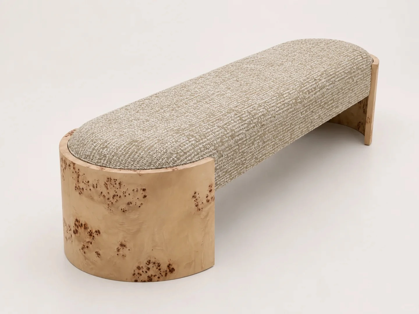 1. Upholstered bench: inspect edge radius, seam control and how upholstery transitions into exposed wood.