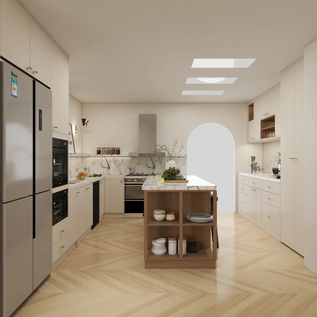 Warm neutral California kitchen design visualization