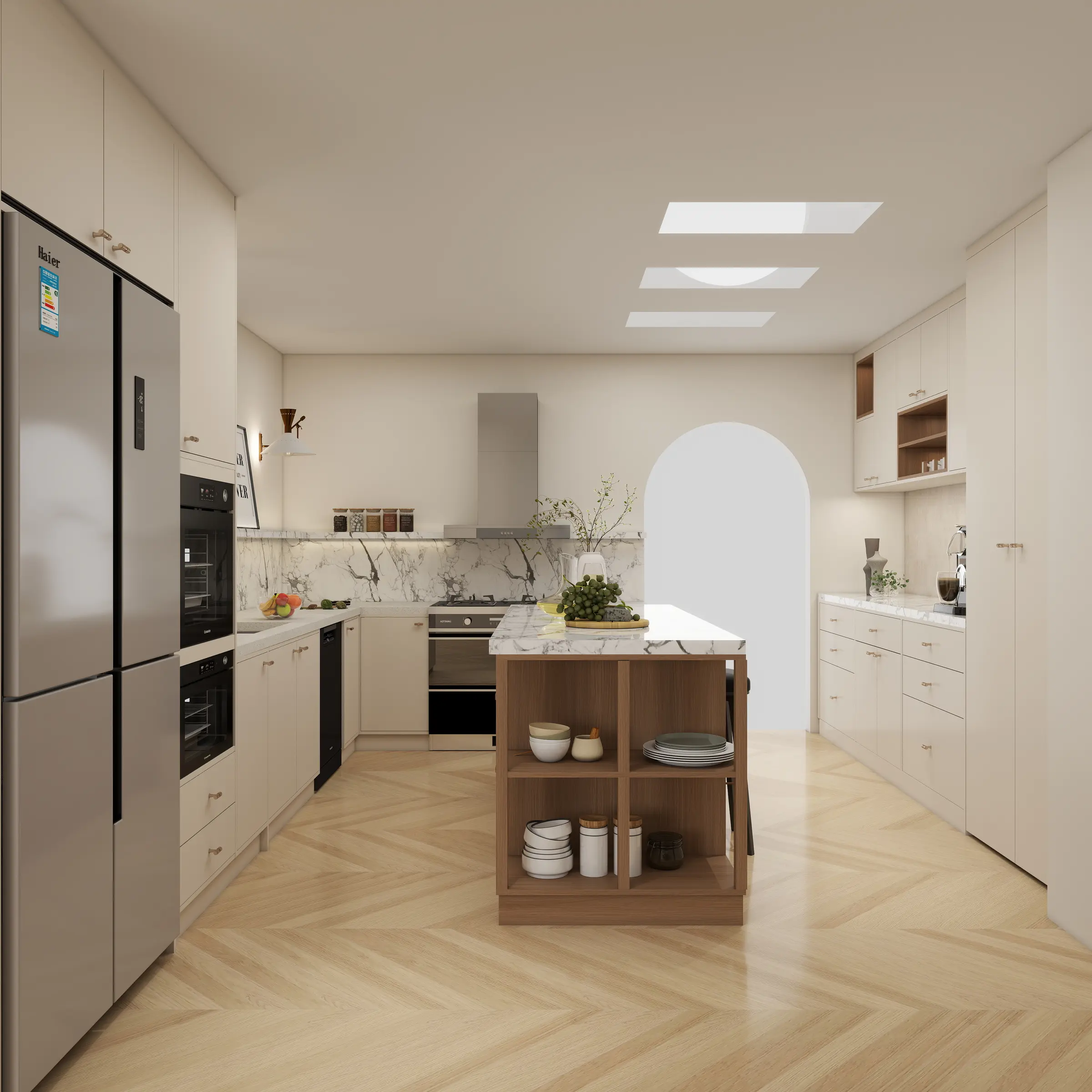 Warm neutral California kitchen design visualization