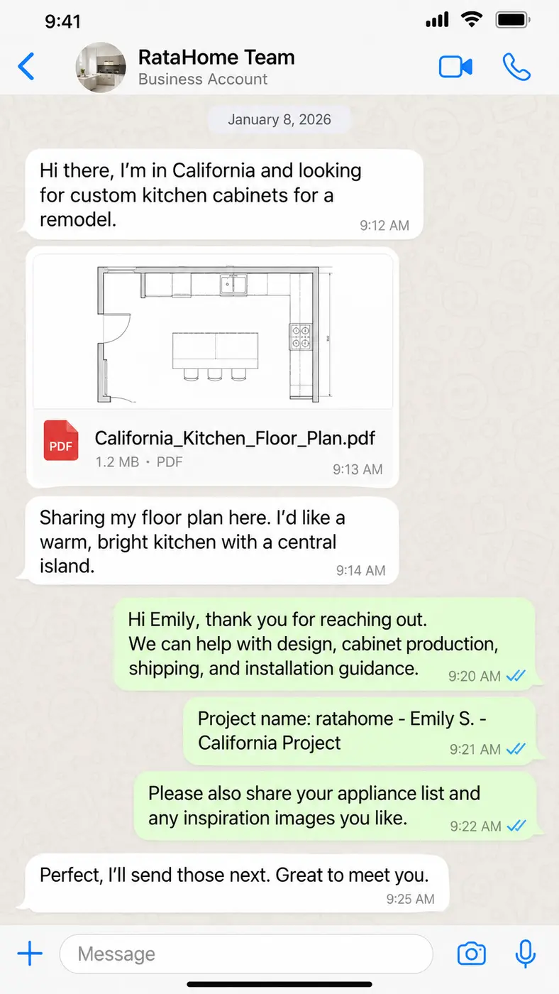 WhatsApp project conversation 1: January 8 — Emily sends the measured floor plan and describes the central-island brief.