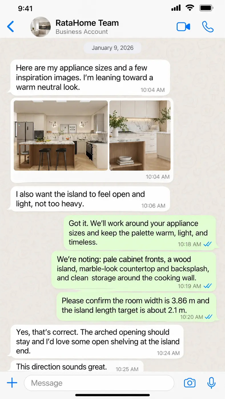 WhatsApp project conversation 2: January 9 — Appliance sizes, room width, island target and preferred warm-neutral direction are confirmed.