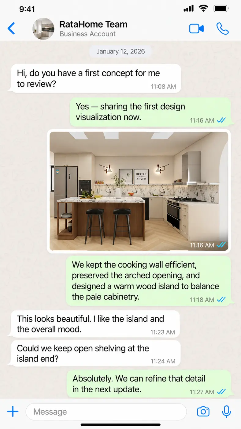 WhatsApp project conversation 3: January 12 — First visualization review: cooking wall, retained arch and wood island.