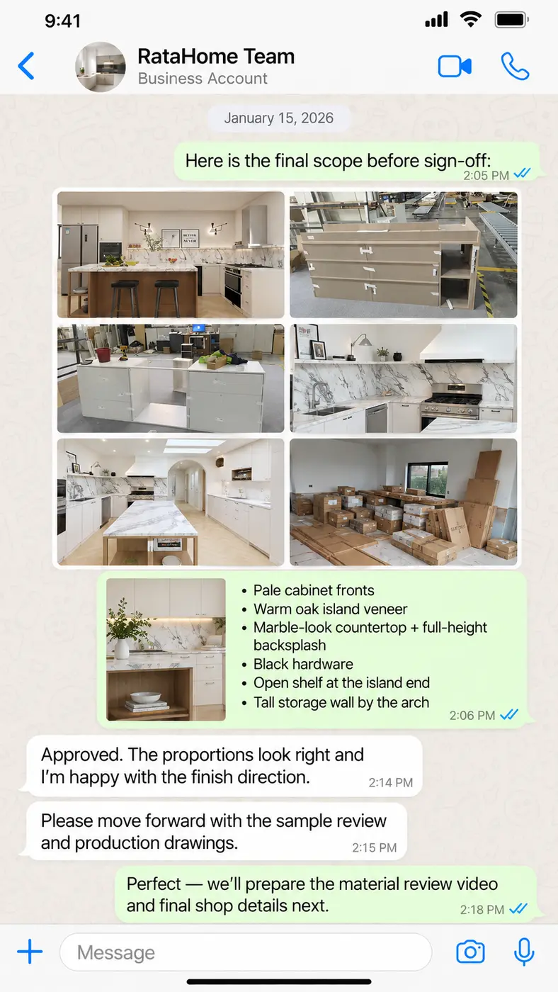 WhatsApp project conversation 4: January 15 — Final scope and finish direction approved before production drawings.