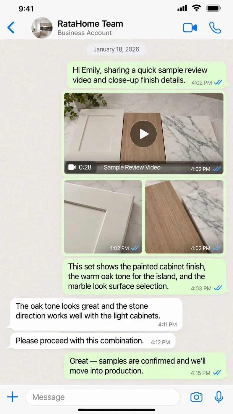 WhatsApp project conversation 5: January 18 — Sample-review video shows the painted finish, warm oak tone and marble-look surface.