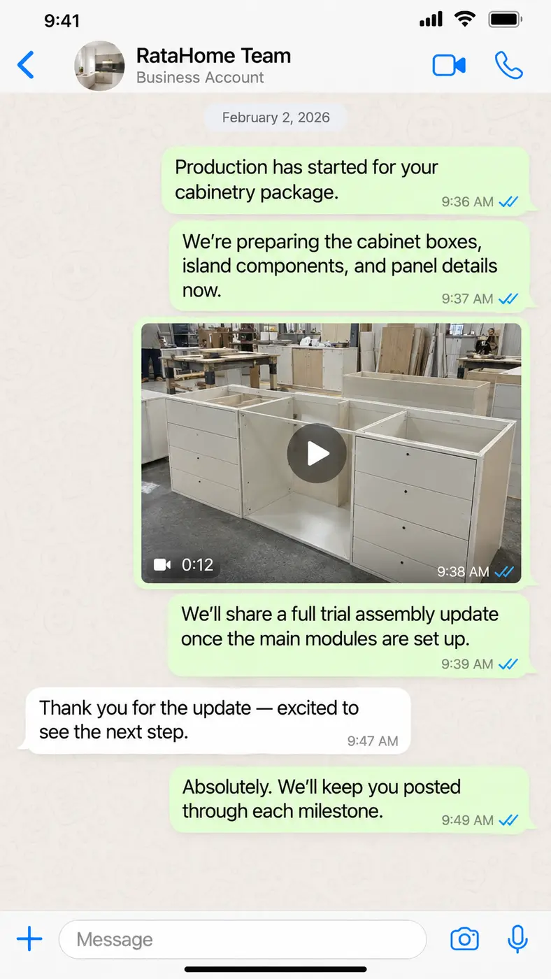 WhatsApp project conversation 6: February 2 — Production starts for cabinet boxes, island components and panel details.