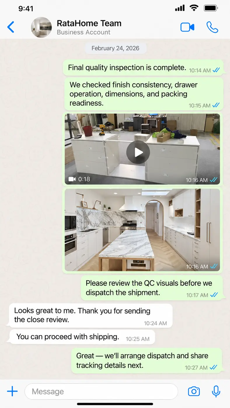 WhatsApp project conversation 8: February 24 — Final QC covers finish consistency, drawer operation, dimensions and packing readiness.