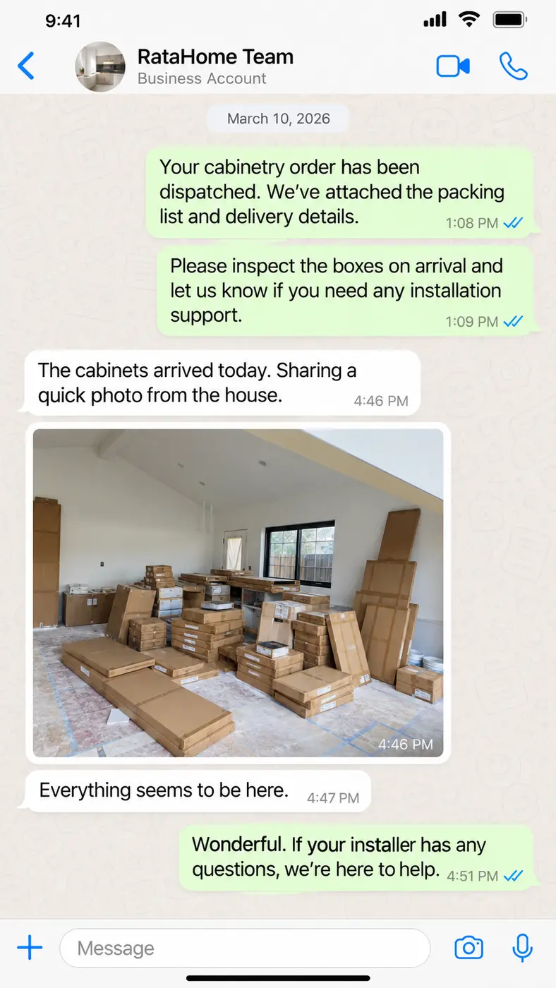 WhatsApp project conversation 9: March 10 — Dispatch details are shared; Emily confirms the cabinetry has arrived at the house.