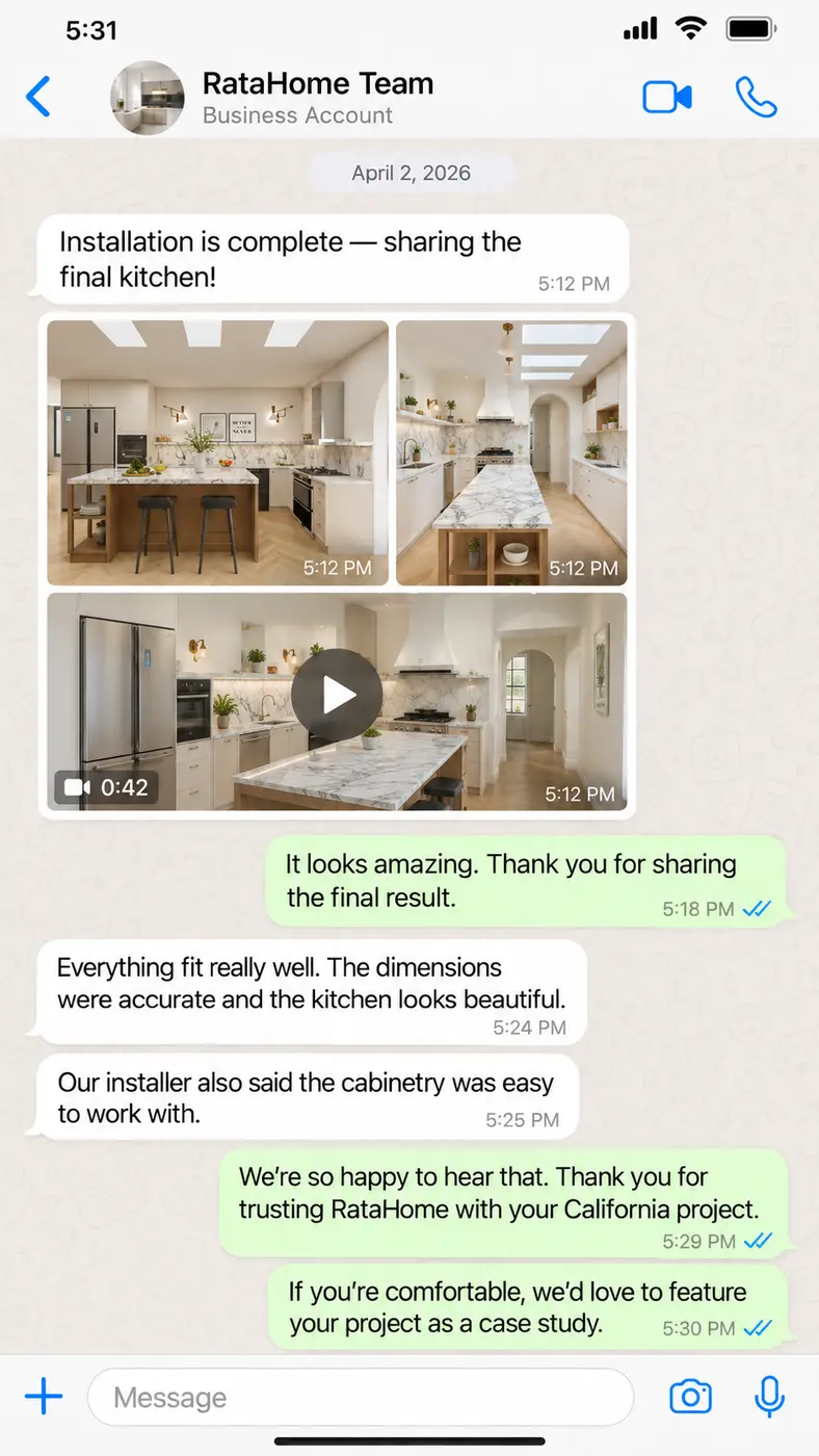 WhatsApp project conversation 10: April 2 — Emily shares the completed kitchen and confirms the fit, dimensions and installation experience.