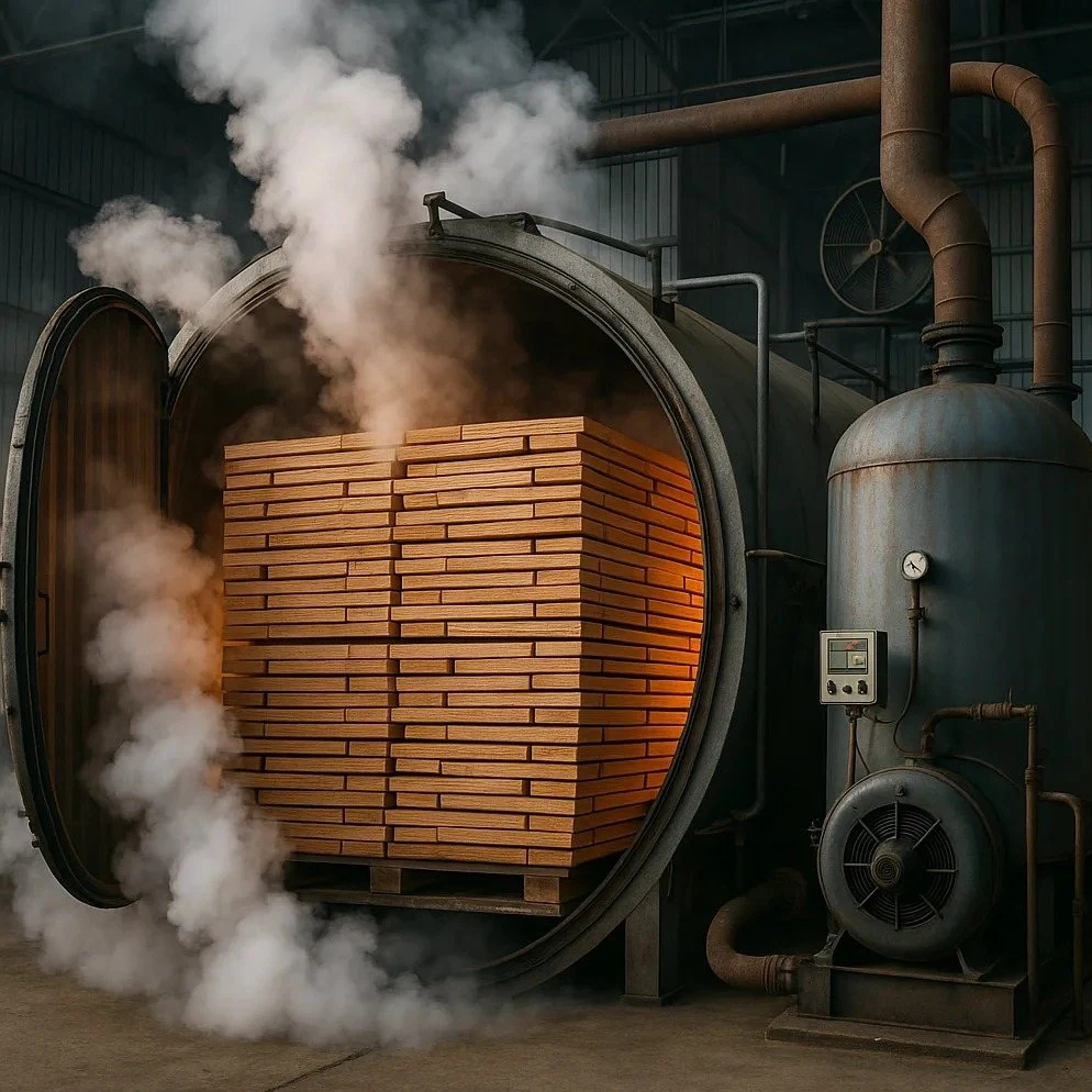 Kiln chamber drying stacked timber for furniture production