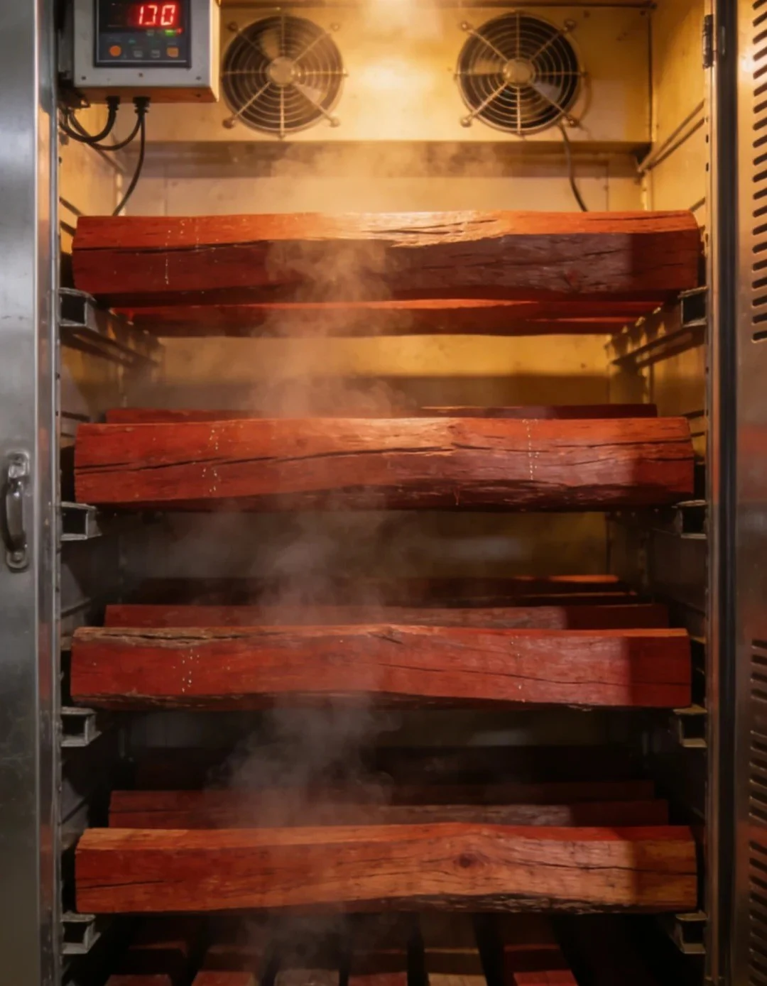 Real kiln chamber loaded with stacked timber