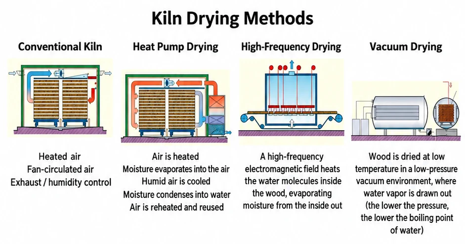 Compact comparison of conventional kiln, heat-pump, high-frequency and vacuum wood drying