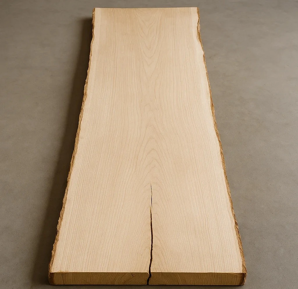 Solid wood slab with a visible end check