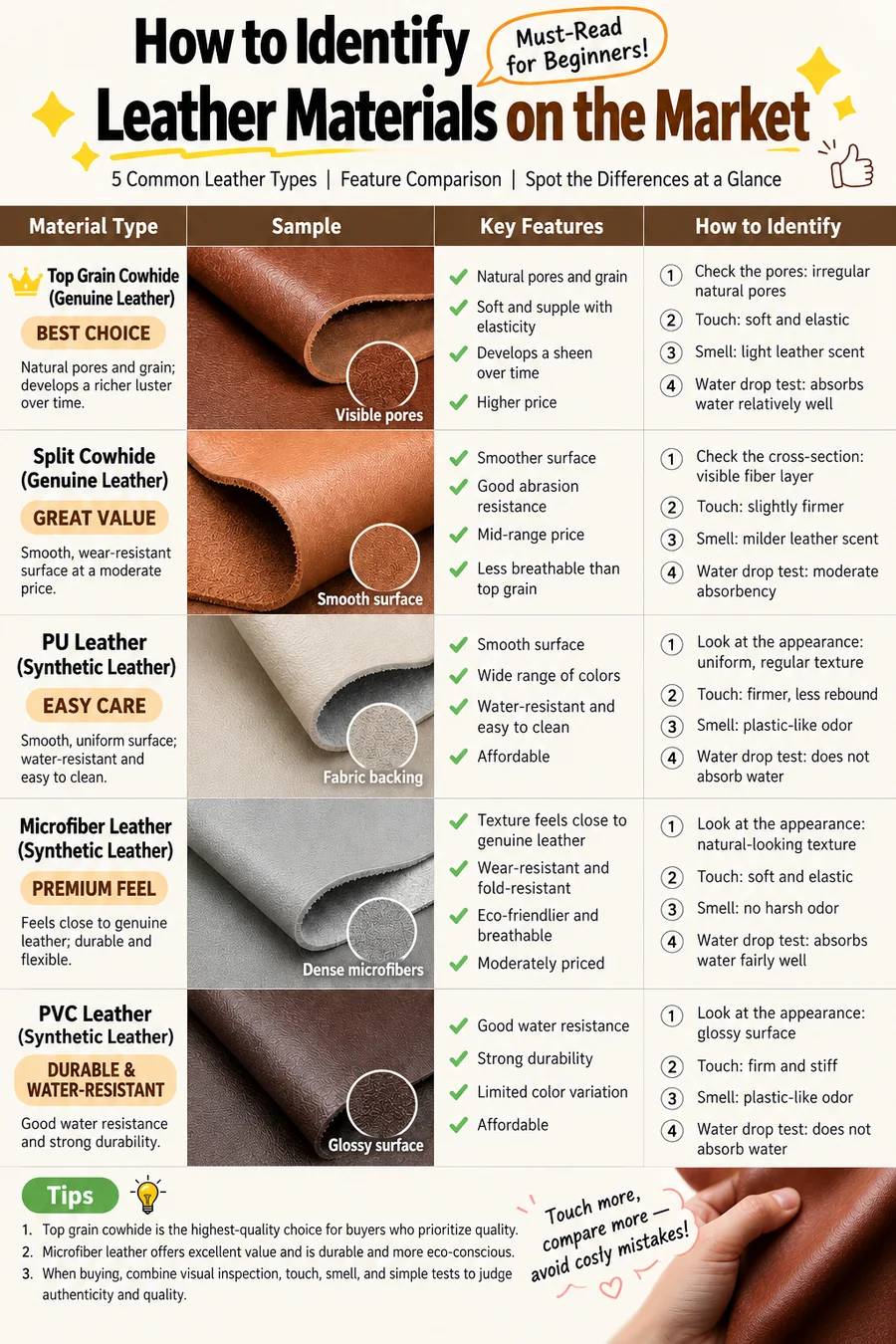 Comparison chart showing common leather materials on the market