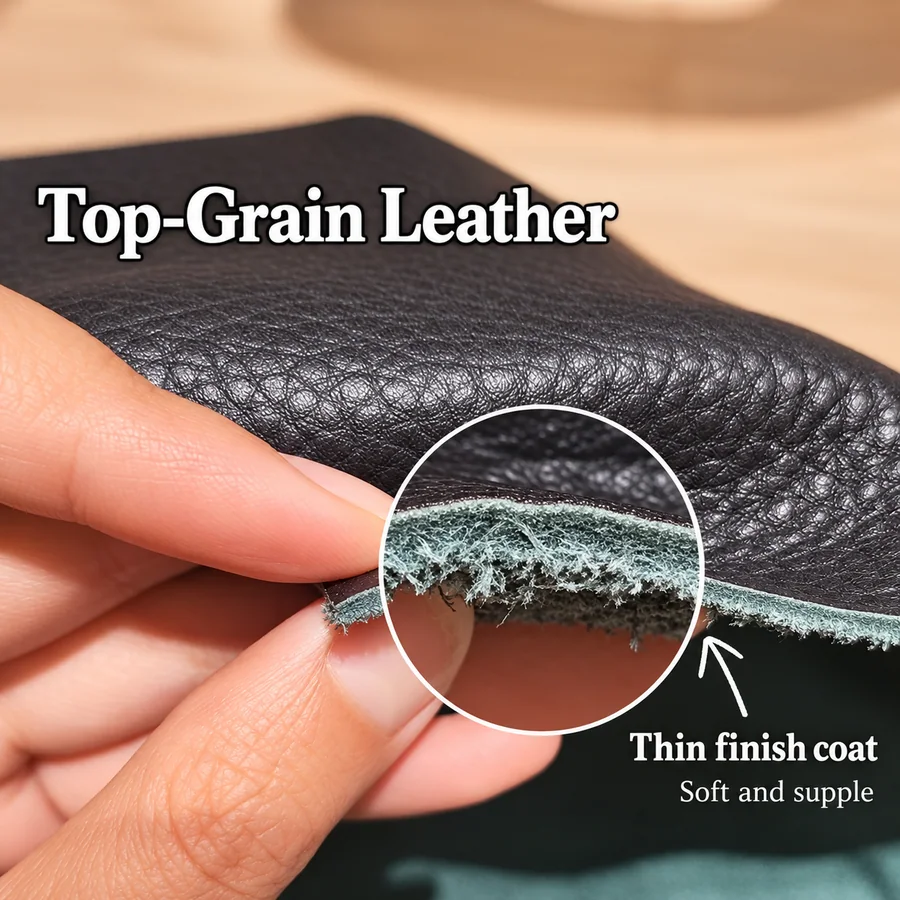 Top grain leather close-up showing thin finish coat and soft supple texture