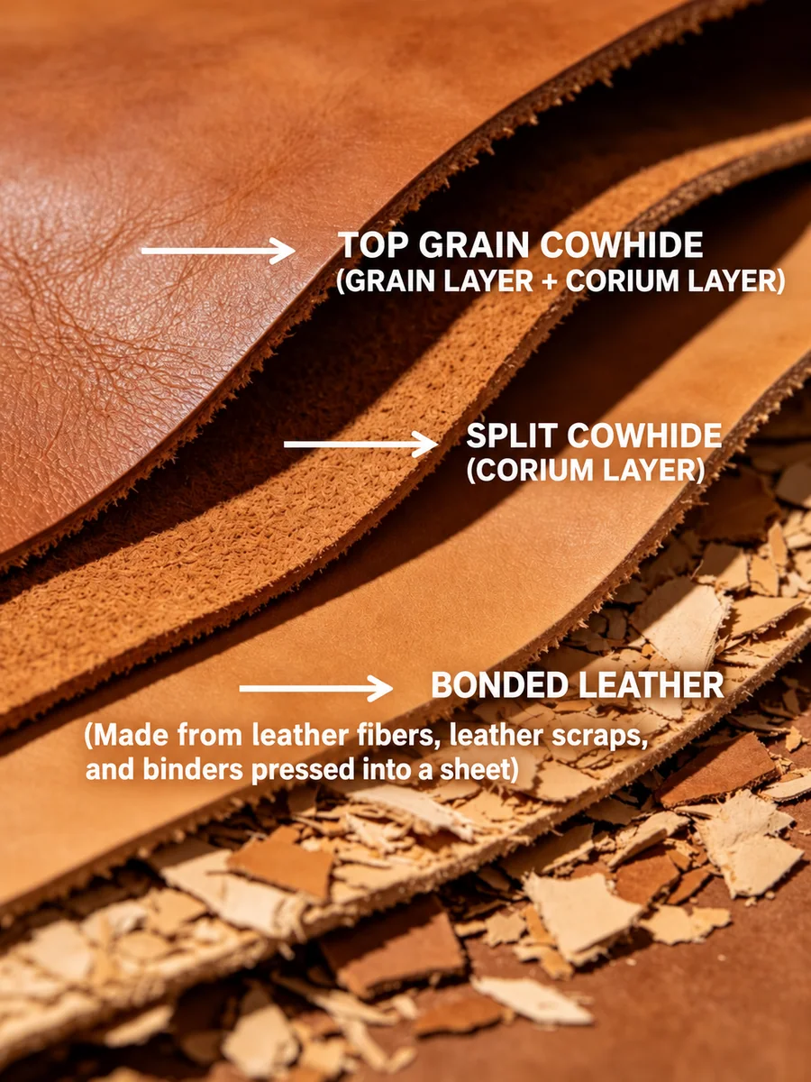 Cross-section comparison of top grain cowhide, split cowhide and bonded leather