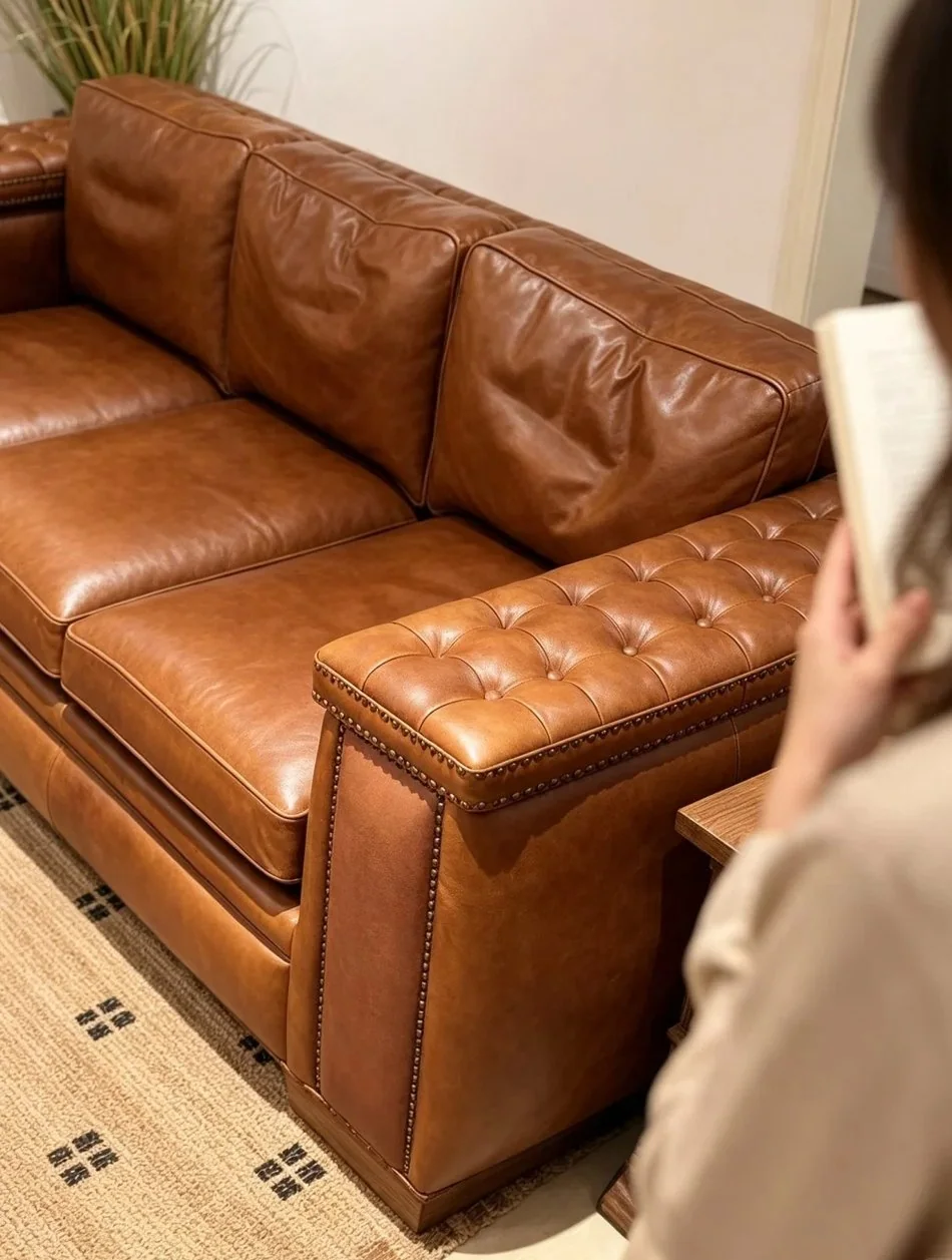 Warm brown leather sofa with ottoman in a lived-in setting