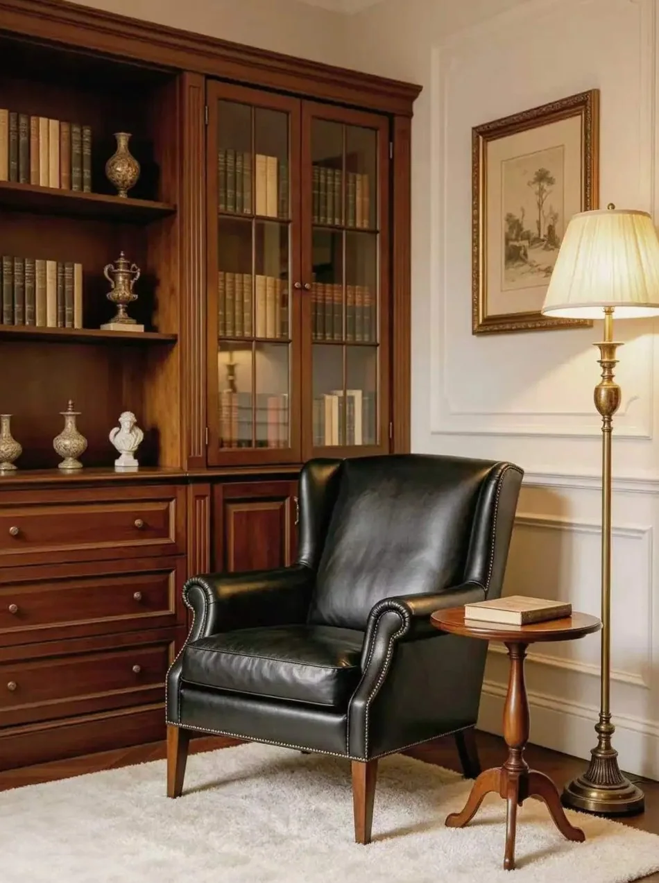 Classic black leather wing chair in a study
