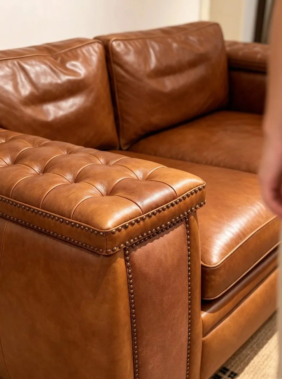 Detailed brown leather sofa arm with tufting