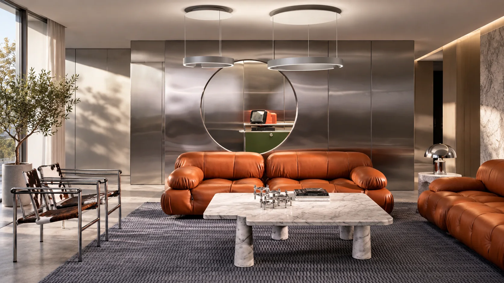 A wide banner showing a modern luxury living room with stainless steel wall panels, cognac leather seating, marble table and metal accents.