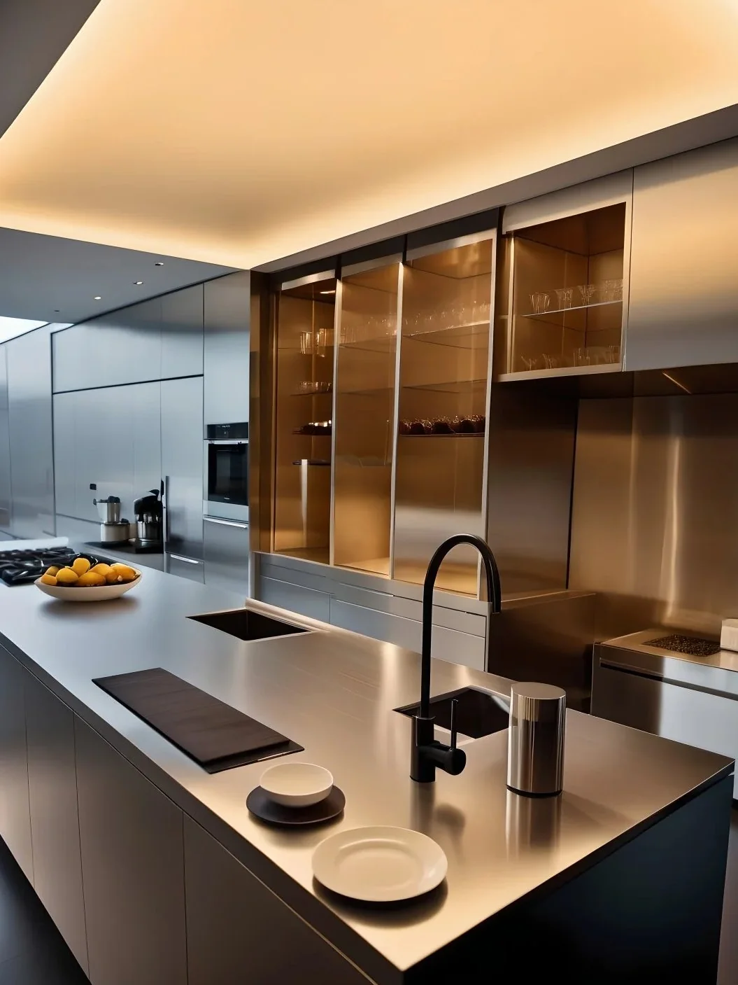 Stainless steel can carry a clean architectural look across counters, cabinet fronts and work surfaces.